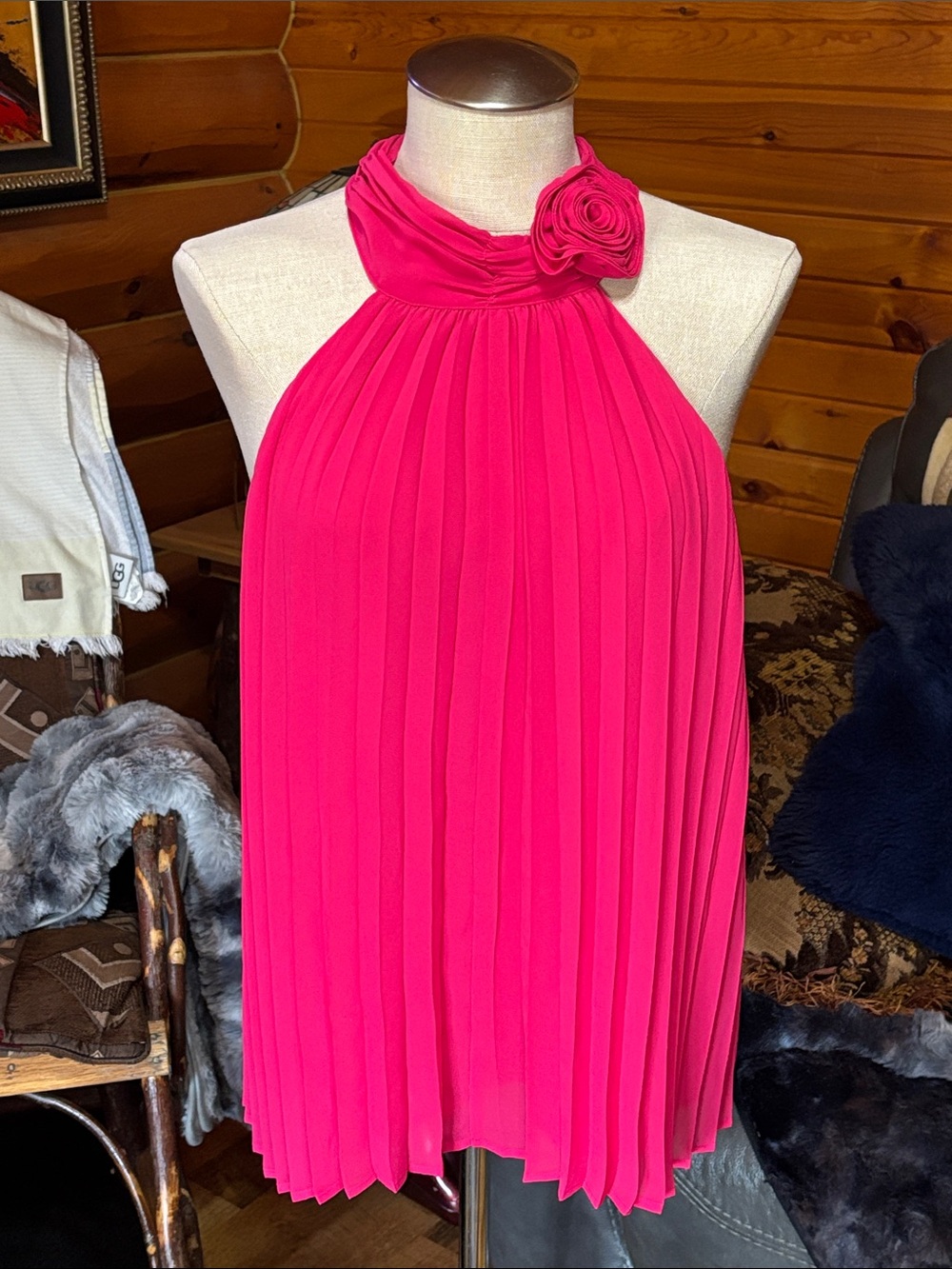 Express Fuchsia Pink Flower Halter Pleated Top